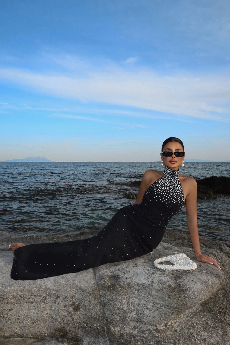 Siyah Josephine İncili Uzun Abiye ATE-3303 - EYYO