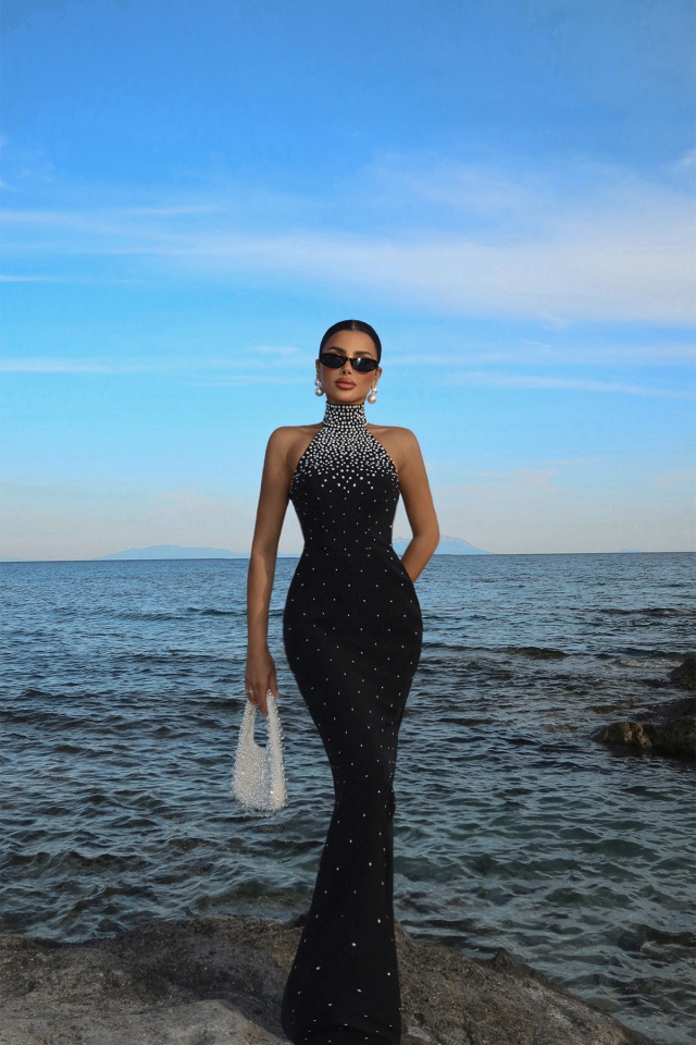 Siyah Josephine İncili Uzun Elbise ATE-3303 - 4