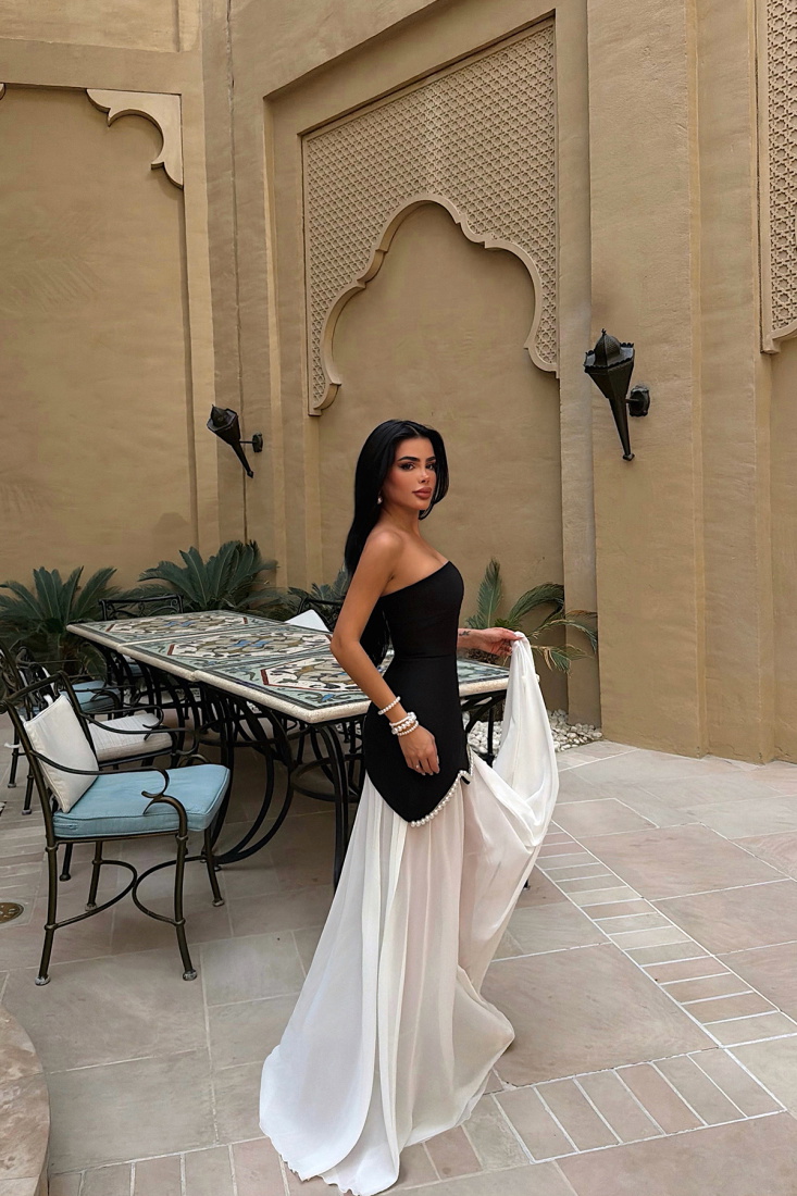 Siyah Outta Uzun İnci Detaylı Elbise ATE-4533 - EYYO