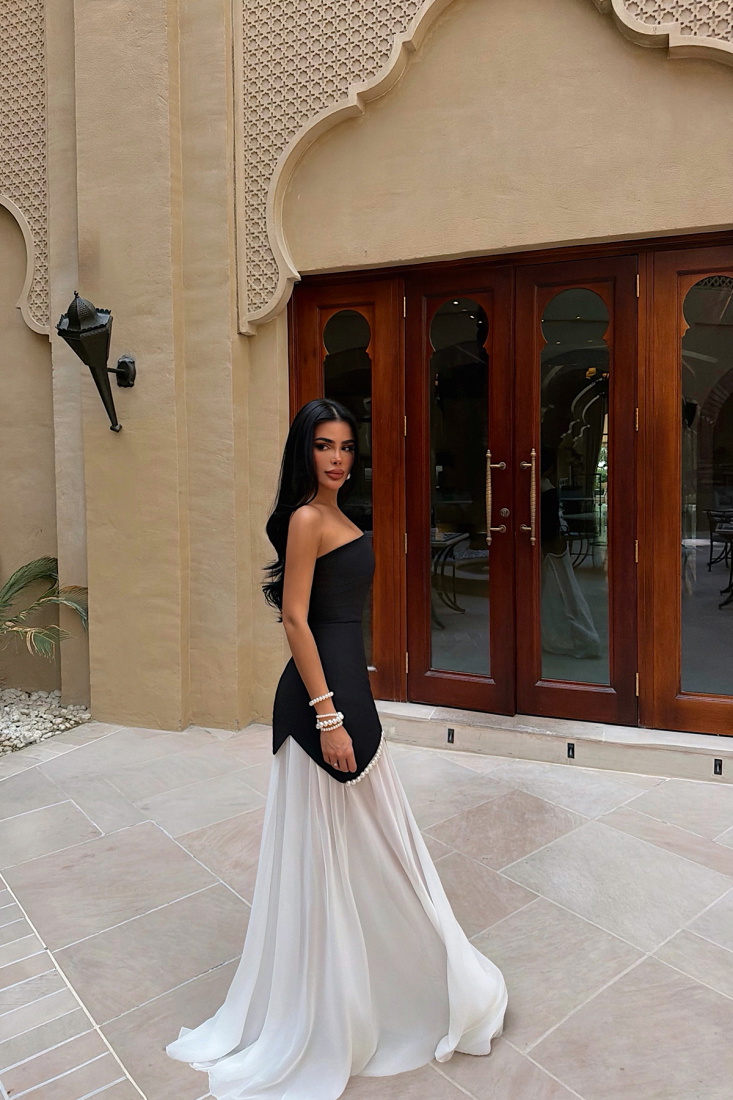 Siyah Outta Uzun İnci Detaylı Elbise ATE-4533 - EYYO