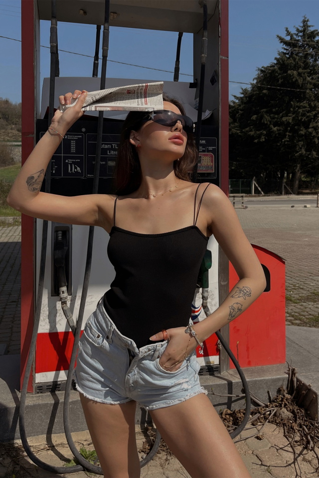 Siyah ip Askılı Bodysuit ATE4937 - 4