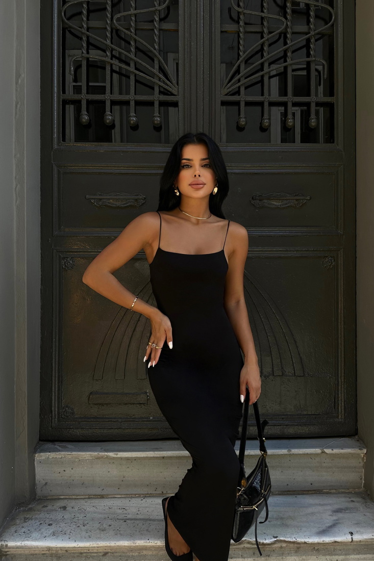 Siyah İp Askılı Elbise ATE8494 - EYYO