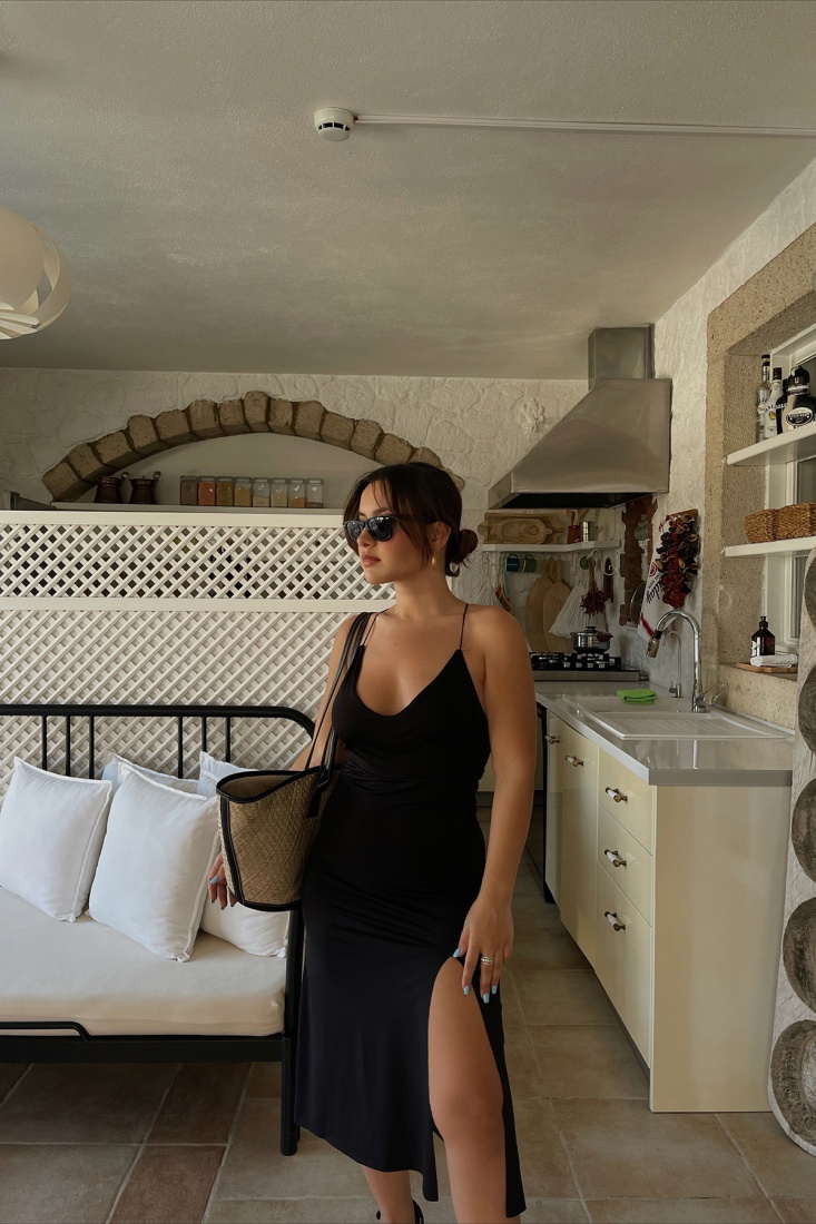 Siyah İp Askılı Yırtmaç Detay Elbise ATE1682 - MİSTİX