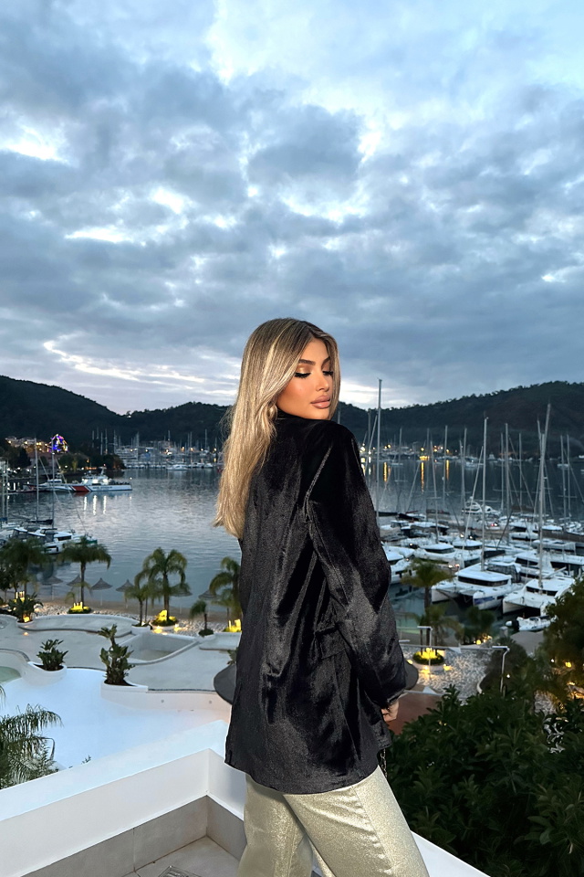 Siyah Kadife Önü Düğmeli Ceket ATE-0547 - 5