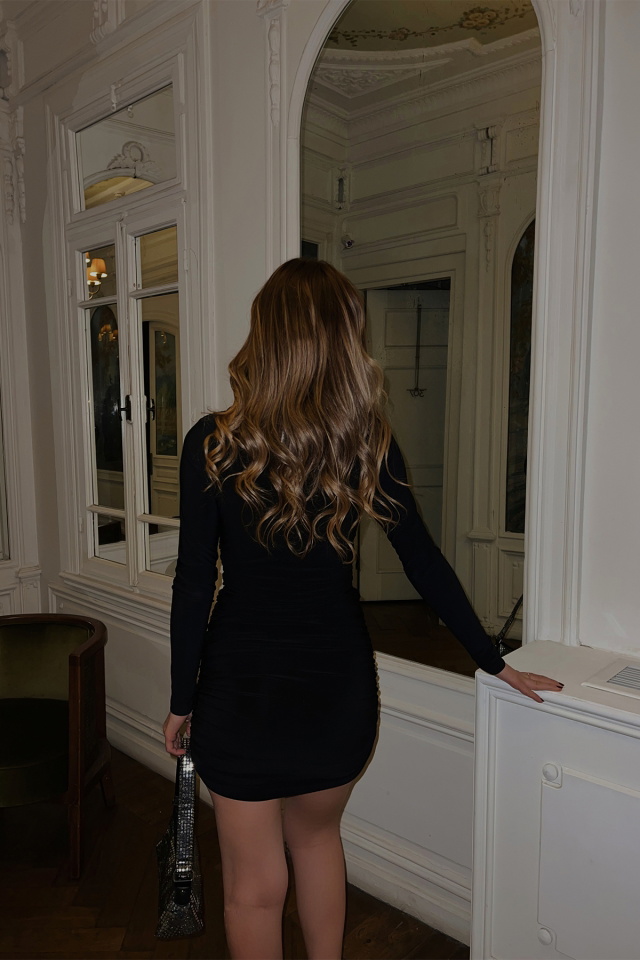 Siyah Kalp Yaka Mini Elbise ATE3046 - 4