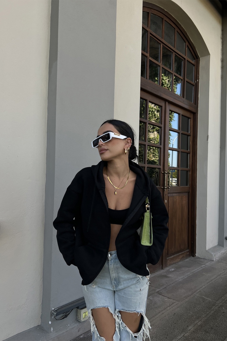 Siyah Kanguru Cep Crop Sweat ATE2395 - EYYO