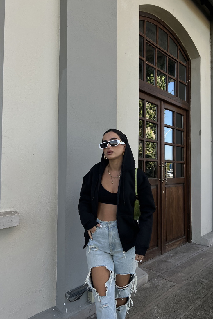 Siyah Kanguru Cep Crop Sweat ATE2395 - EYYO