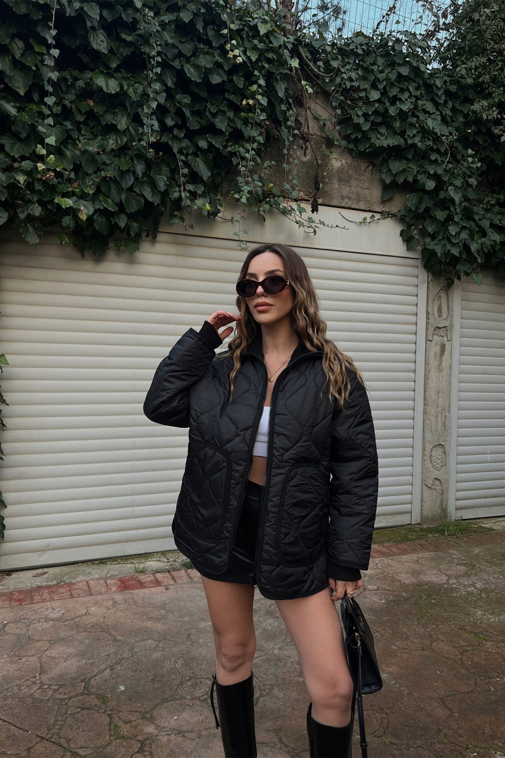 Siyah Kapitone Mont ATE3430 - HOT FASHİON