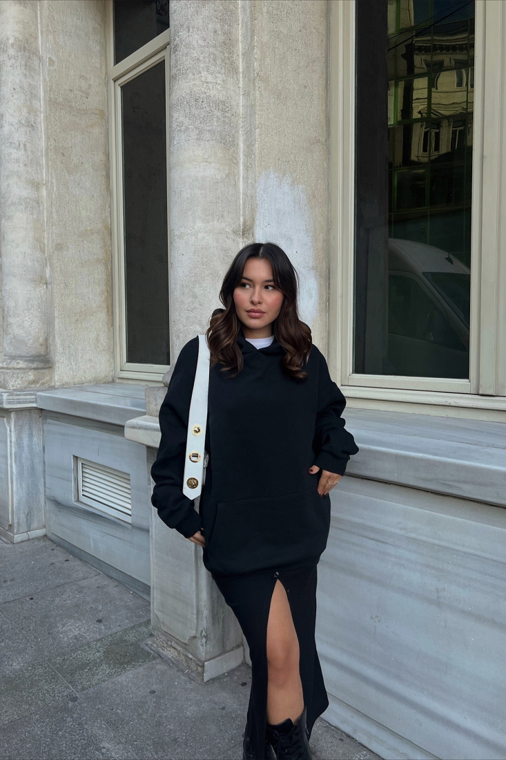 Siyah Kapşonlu Basic Sweat ATE2349 - EYYO