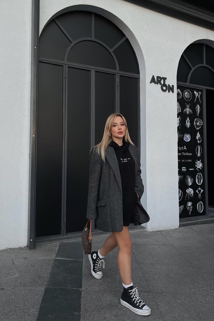 Siyah Kapşonlu Oversize Sweat ATE2253 - EYYO