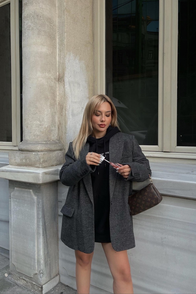 Siyah Kapşonlu Oversize Sweat ATE2253 - 3