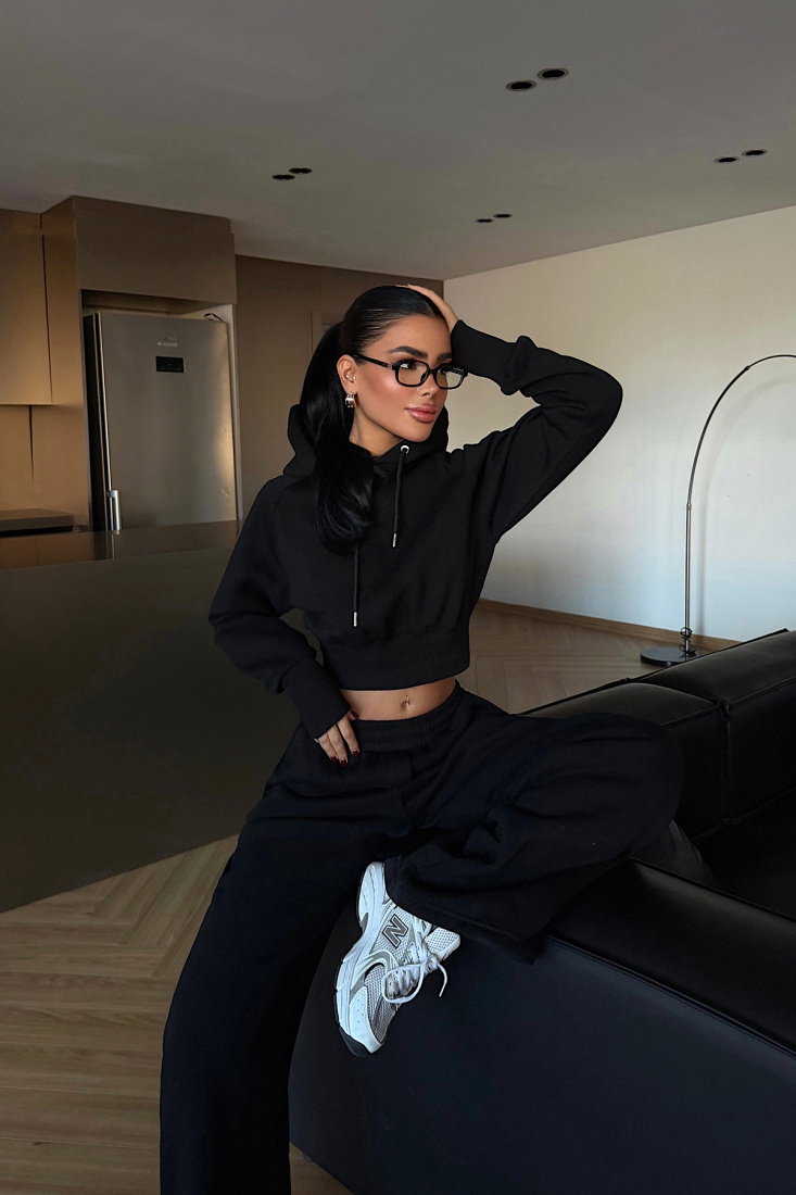 Siyah Scarf Kapşonlu Eşofman Takım ATE-3697 - EYYO