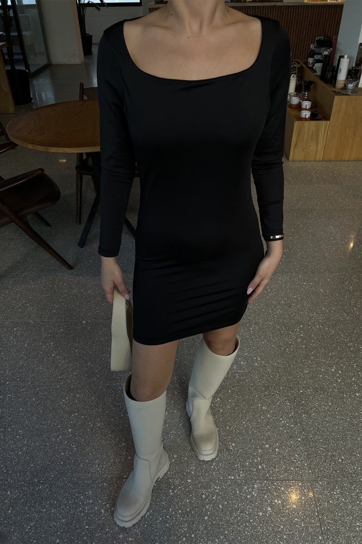 Siyah Kare Yaka Mini Elbise ATE3299 - EYYO