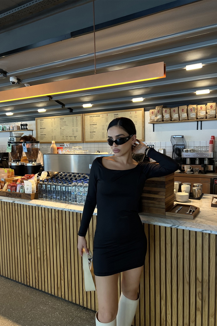 Siyah Kare Yaka Mini Elbise ATE3299 - EYYO