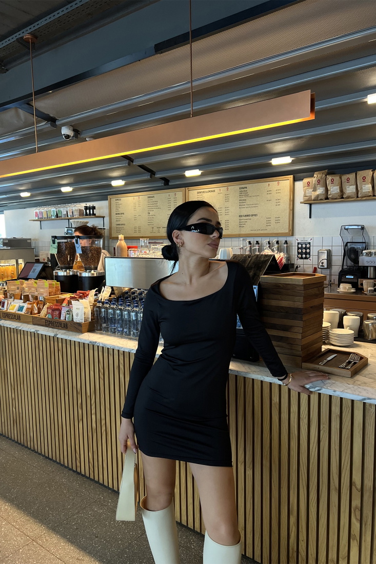 Siyah Kare Yaka Mini Elbise ATE3299 - EYYO