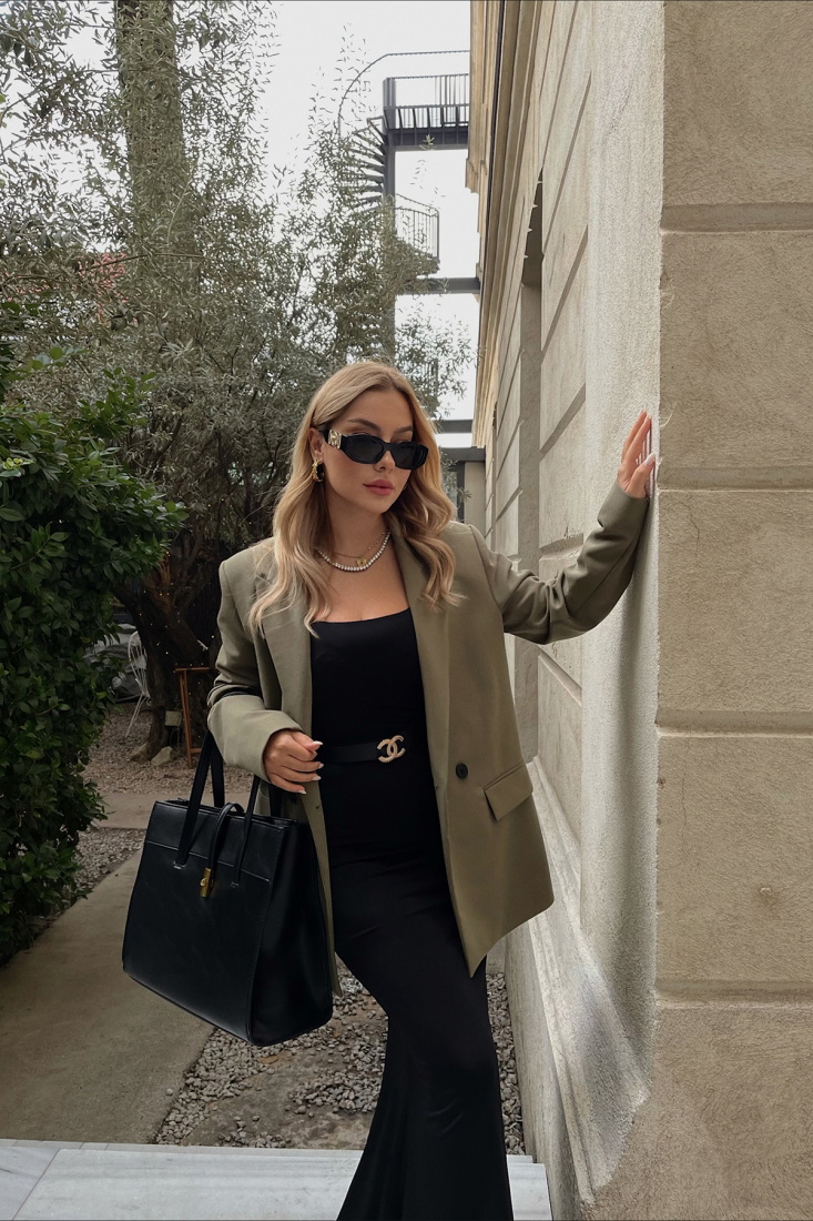 Siyah Kare Yaka Uzun Elbise ATE2059 - EYYO ATELIER