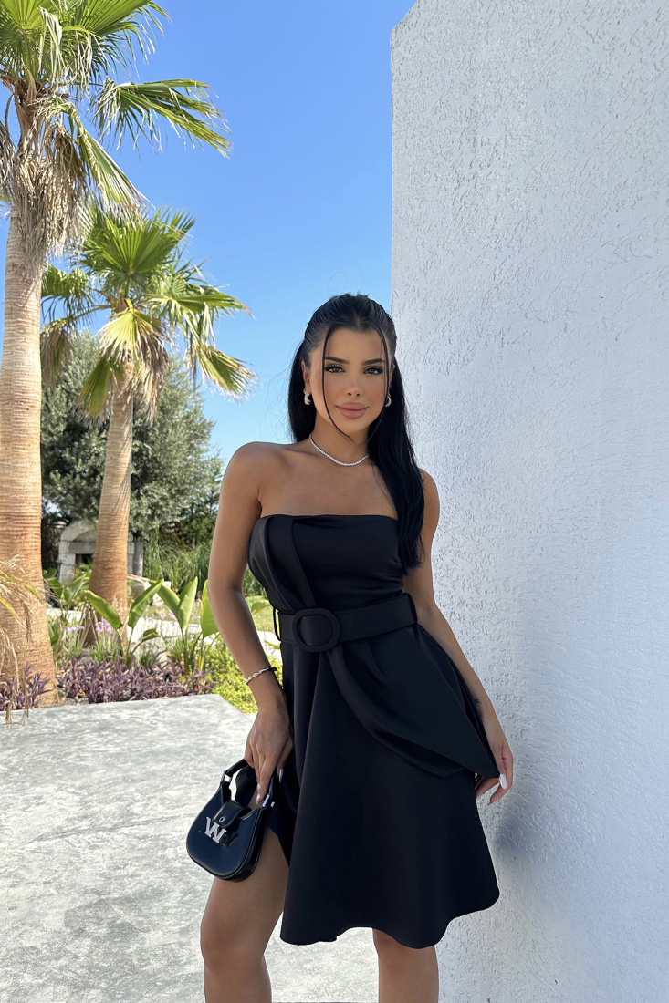 Siyah Kemer Detay Mini Elbise ATEL2509 - EYYO