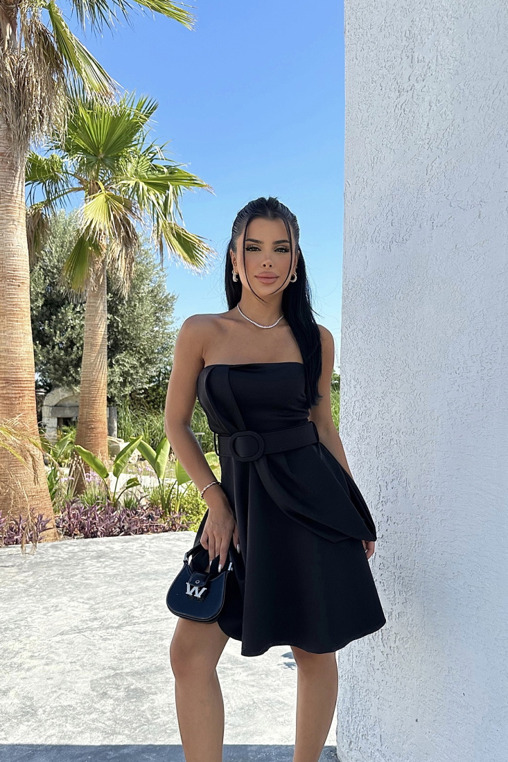 Siyah Kemer Detay Mini Elbise ATEL2509 - EYYO