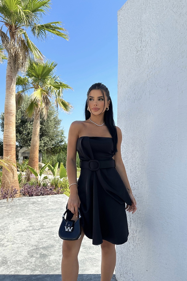 Siyah Kemer Detay Mini Elbise ATEL2509 - 4