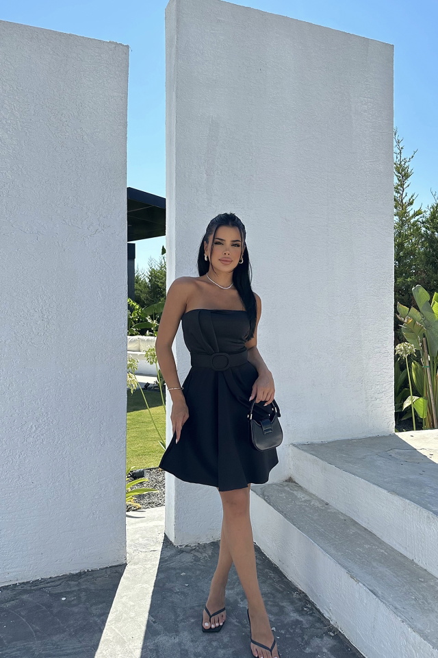 Siyah Kemer Detay Mini Elbise ATEL2509 - 5