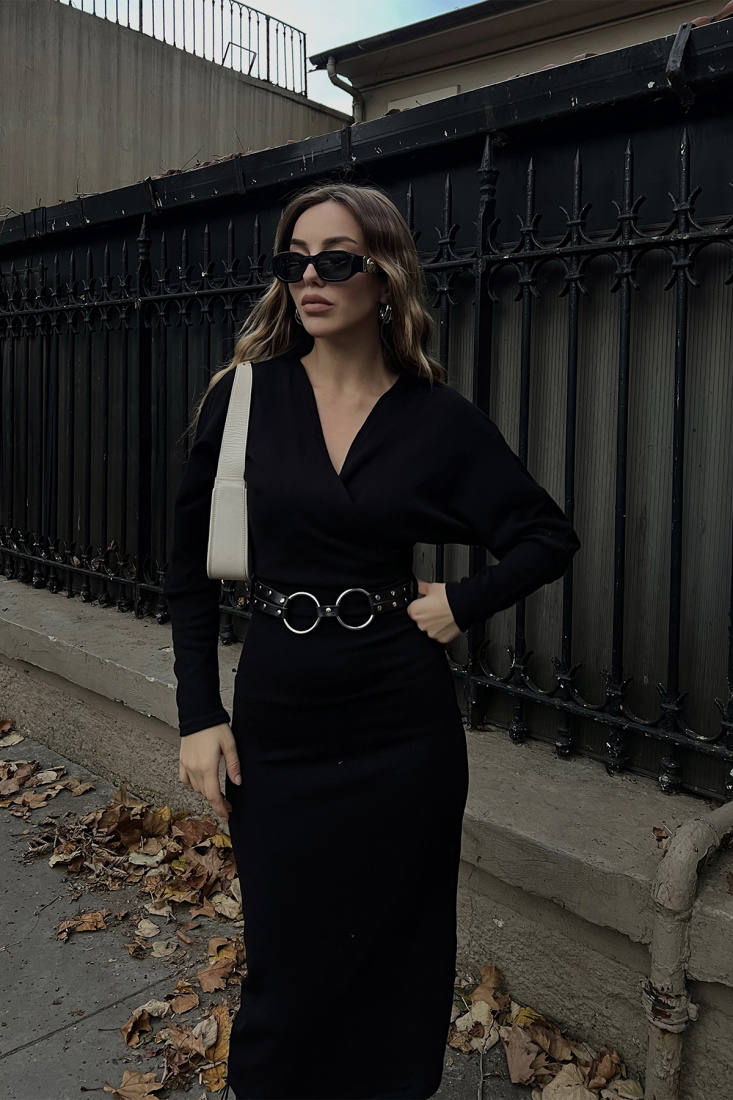 Siyah Kemer Detay Uzun Elbise ATE2993 - EYYO