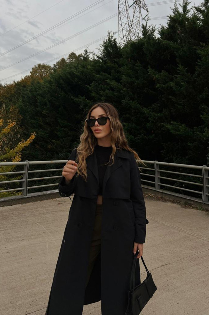 Siyah Kemerli Önü Düğmeli Trenckot ATE2439 - EYYO