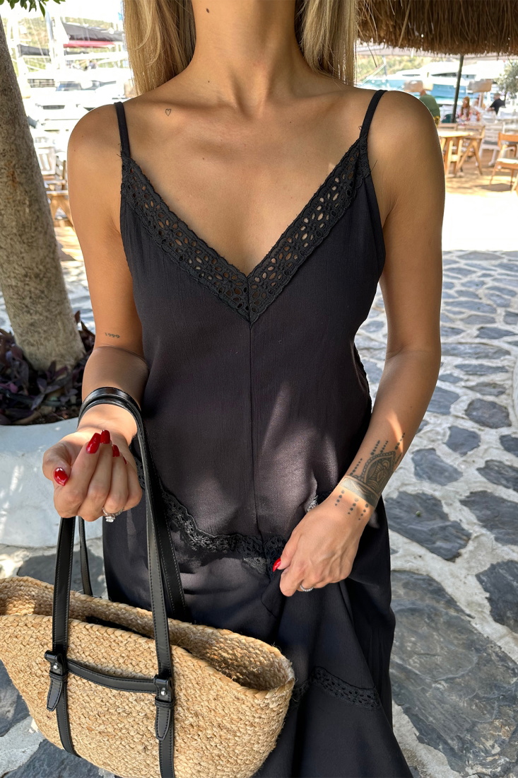 Siyah Keten Uzun Elbise ATE7723 - EYYO