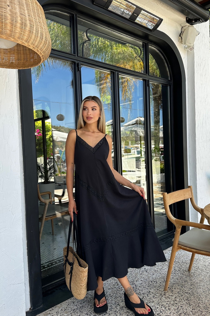 Siyah Keten Uzun Elbise ATE7723 - EYYO