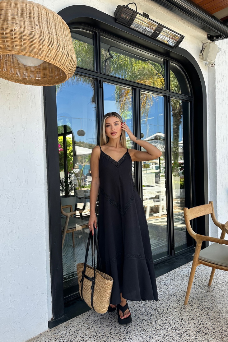 Siyah Keten Uzun Elbise ATE7723 - EYYO