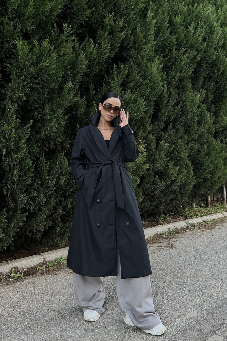 Siyah Kolları Kemerli Trenckot ATE2055 - EYYO TOPTAN