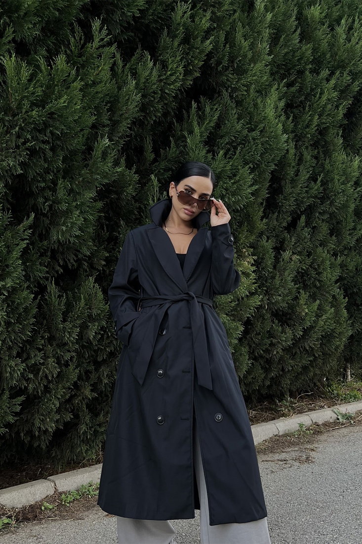 Siyah Kolları Kemerli Trenckot ATE2055 - EYYO TOPTAN