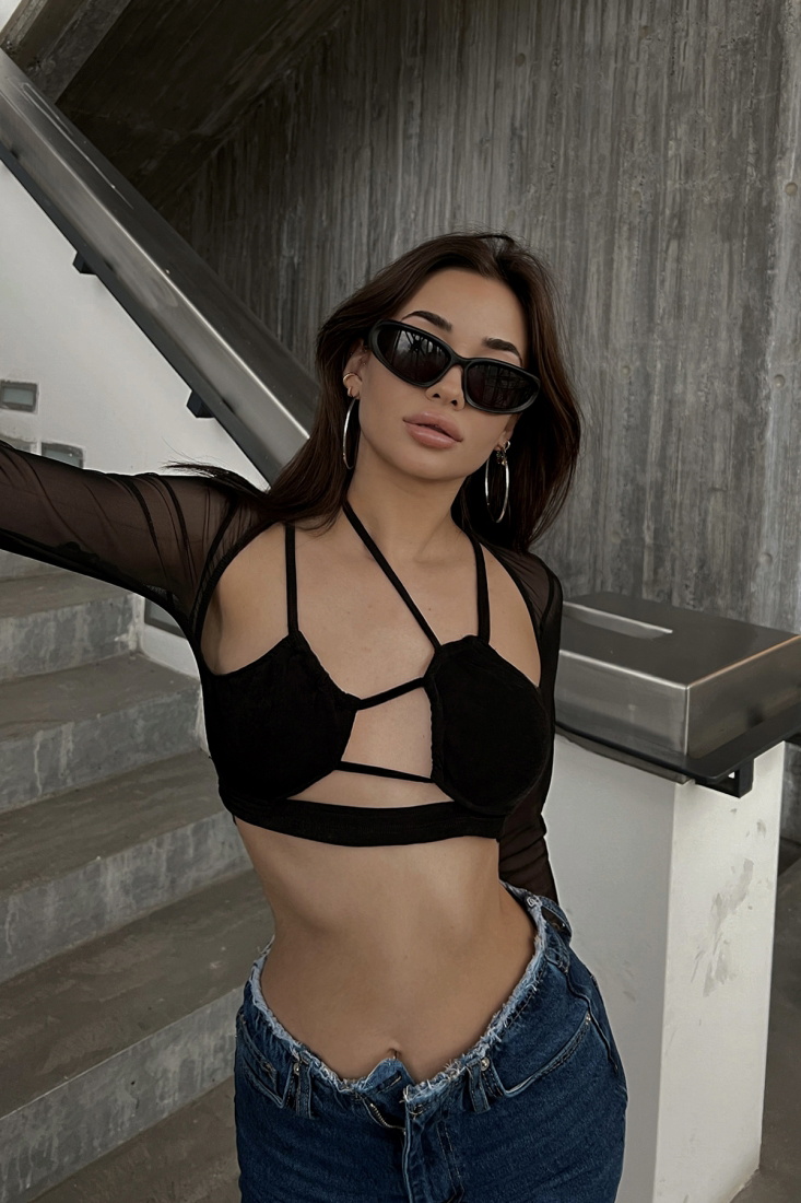 Siyah Kolları Transparan Crop Top ATE3523 - DEPPOT