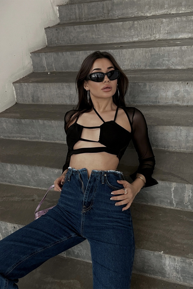 Siyah Kolları Transparan Crop Top ATE3523 - 4