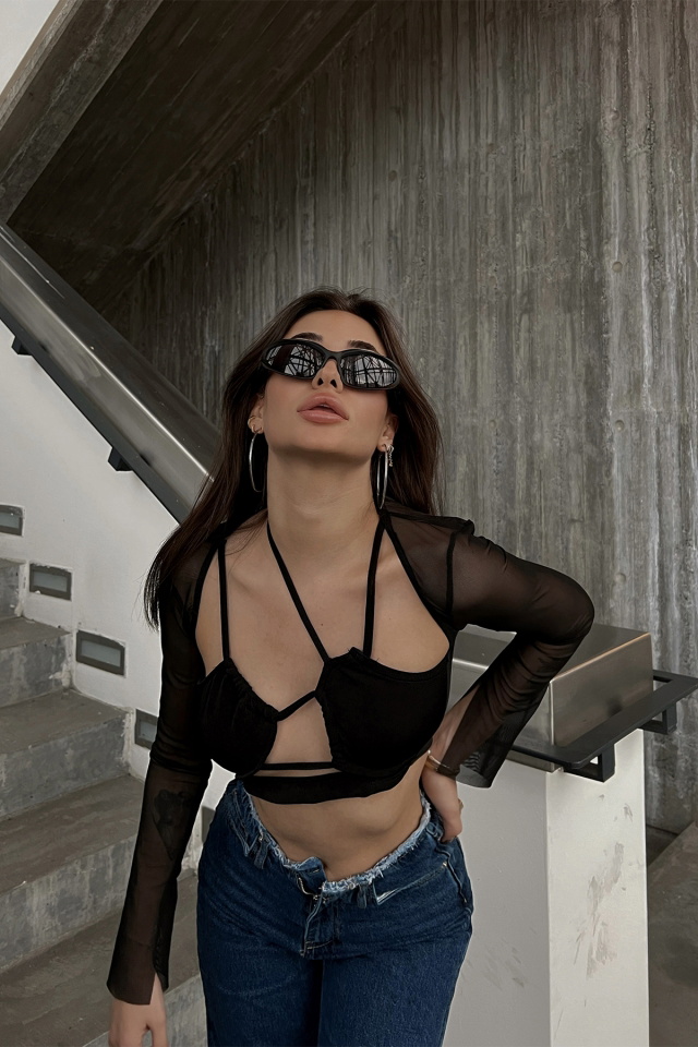 Siyah Kolları Transparan Crop Top ATE3523 - 3