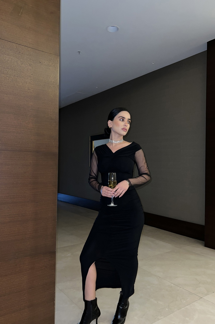 Siyah Kolları Tül Uzun Elbise ATE3379 - EYYO