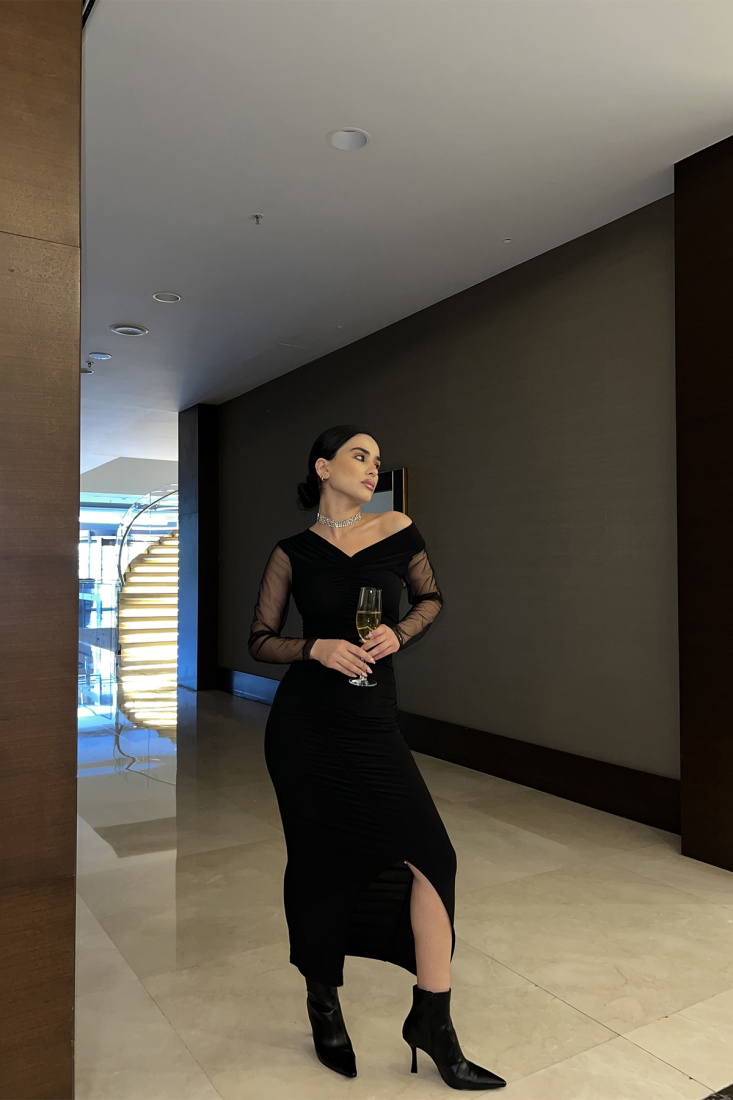 Siyah Kolları Tül Uzun Elbise ATE3379 - EYYO