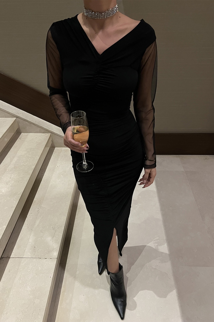 Siyah Kolları Tül Uzun Elbise ATE3379 - EYYO