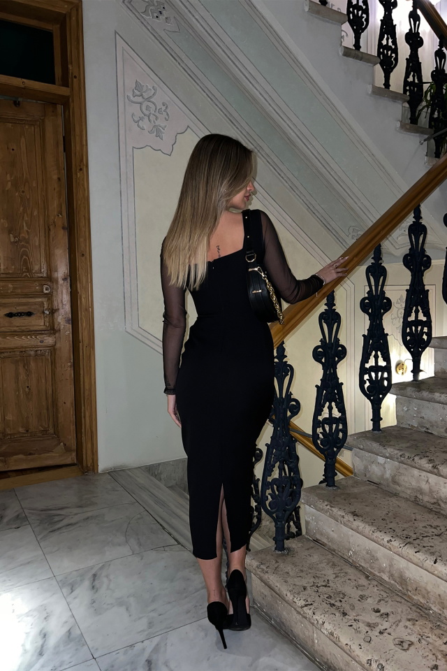 Siyah Kolları Tül Uzun Elbise ATE3859 - 5