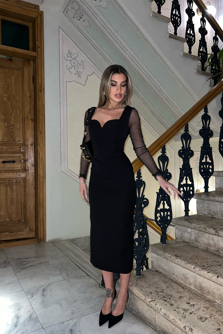 Siyah Kolları Tül Uzun Elbise ATE3859 - EYYO