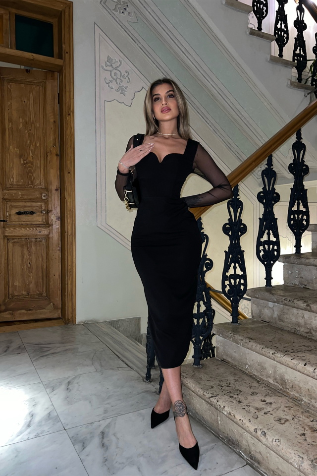 Siyah Kolları Tül Uzun Elbise ATE3859 - 4