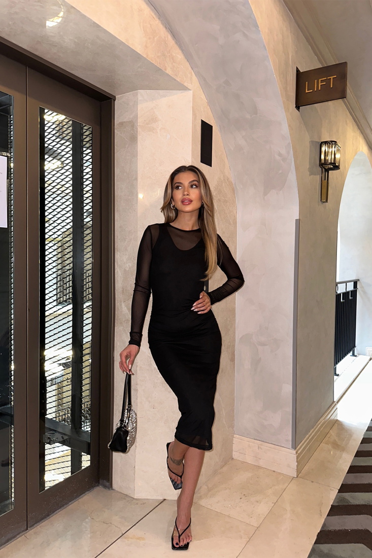 Siyah Kolları Tül Uzun Elbise ATE5225 - EYYO