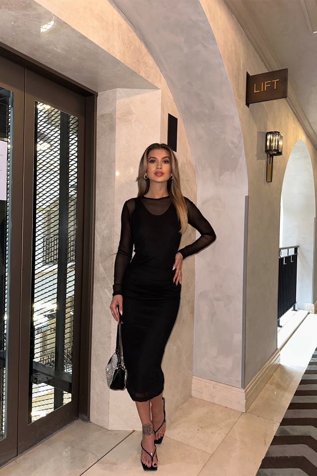Siyah Kolları Tül Uzun Elbise ATE5225 - 4