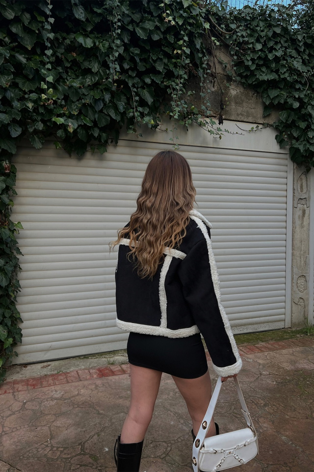 Siyah Kontrast Yünlü Mont ATE2633 - 7