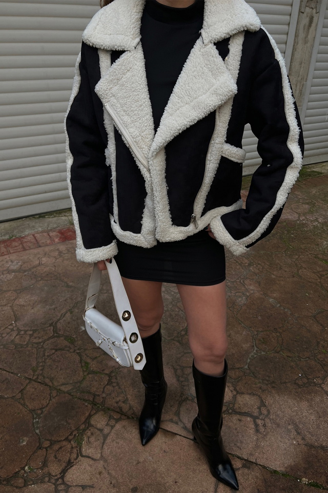 Siyah Kontrast Yünlü Mont ATE2633 - 10