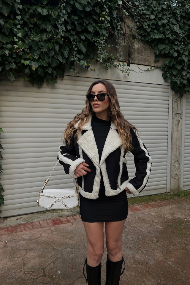 Siyah Kontrast Yünlü Mont ATE2633 - 5