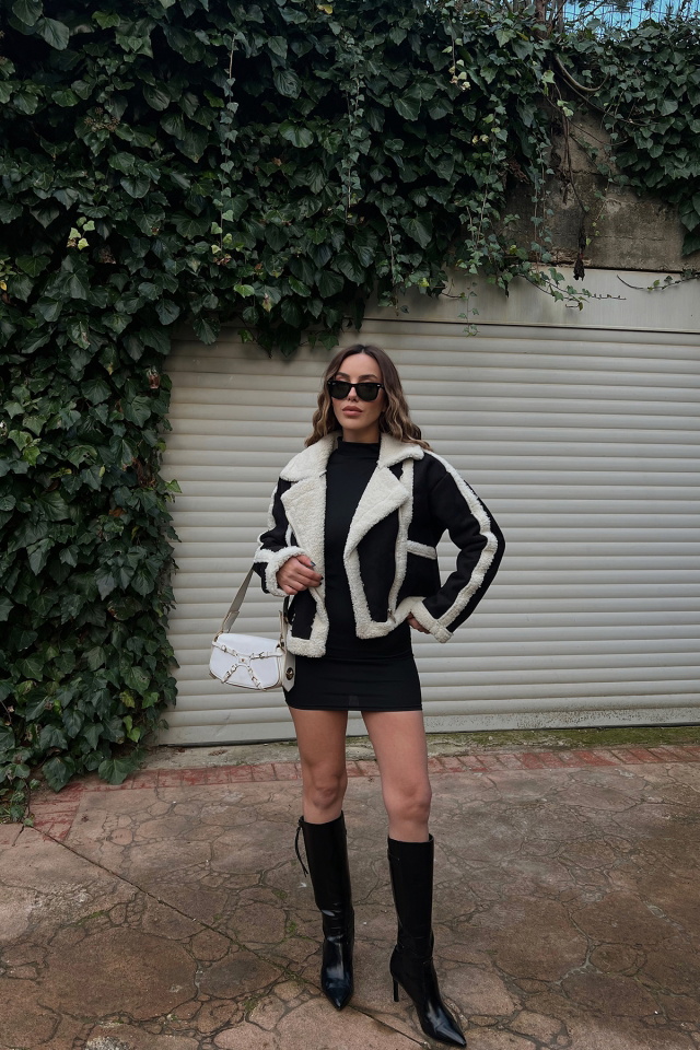 Siyah Kontrast Yünlü Mont ATE2633 - 3