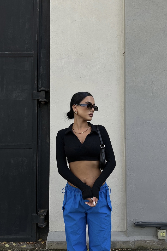 Siyah Kruvaze Yaka Crop Top ATE2269 - 1