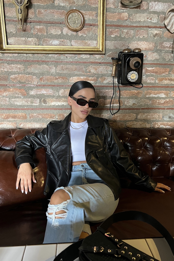 Siyah Kruvaze Yaka Deri Ceket ATE1959 - ETİKA