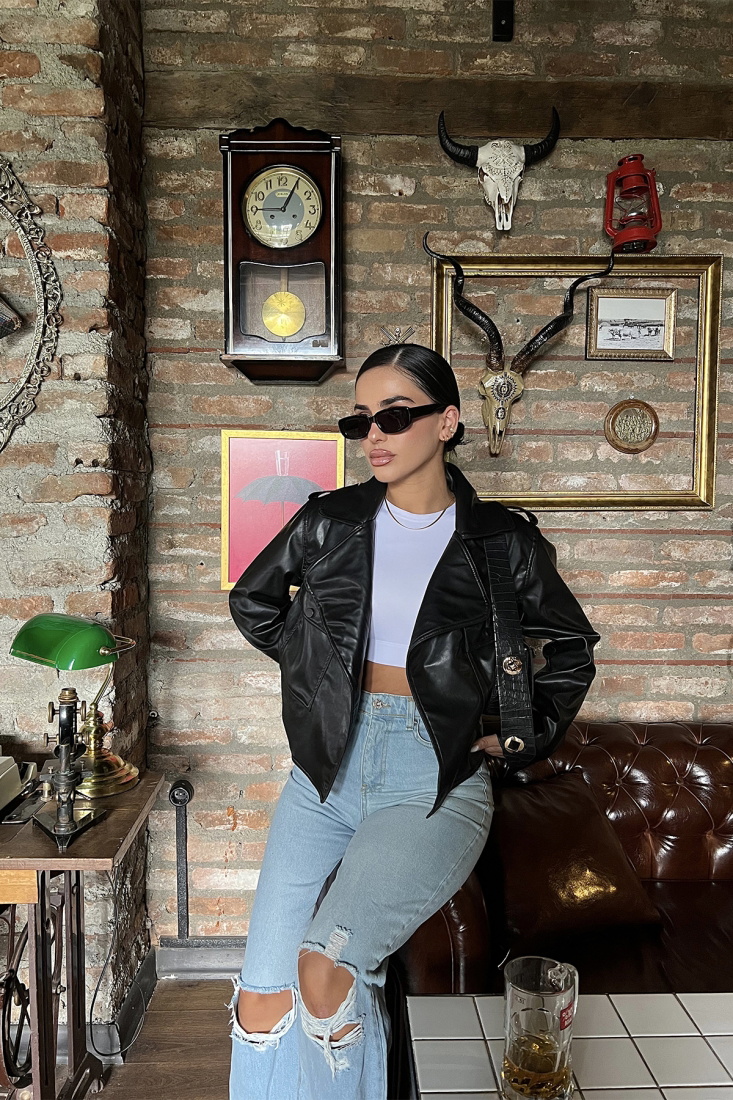 Siyah Kruvaze Yaka Deri Ceket ATE1959 - ETİKA