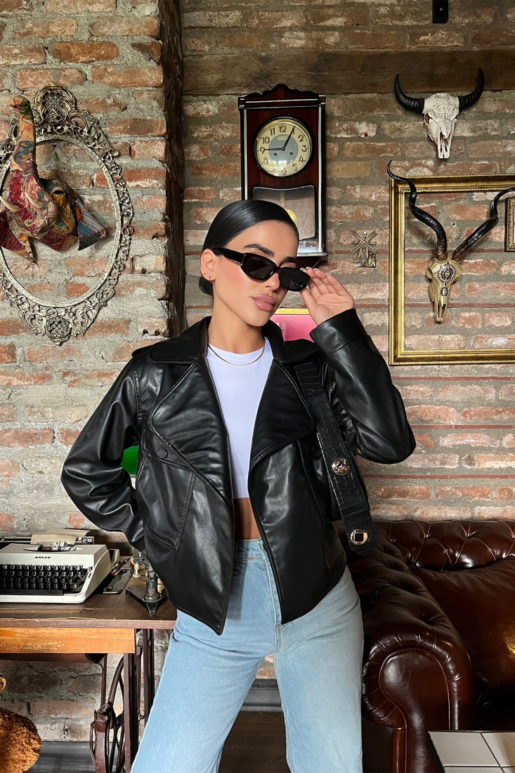 Siyah Kruvaze Yaka Deri Ceket ATE1959 - ETİKA